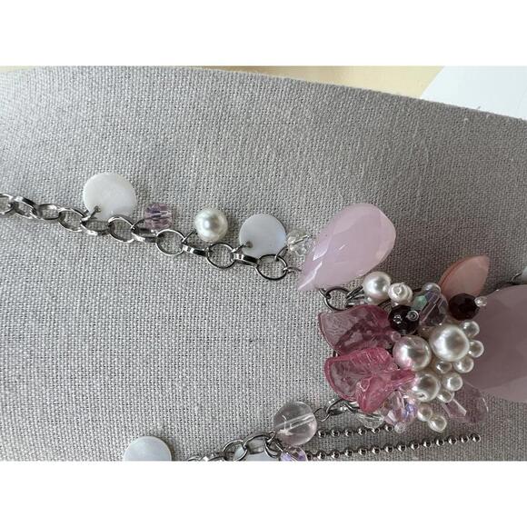 Silver Chain Necklace with Pink and Faux Pearl Beads - Picture 5 of 10